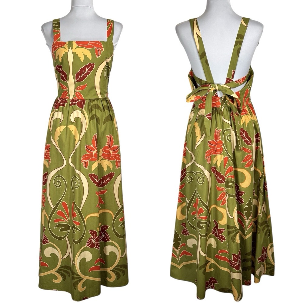 NWT Zara Floral Maxi Dress M Square Neck Strappy Tie Back Cotton Poplin Tropical